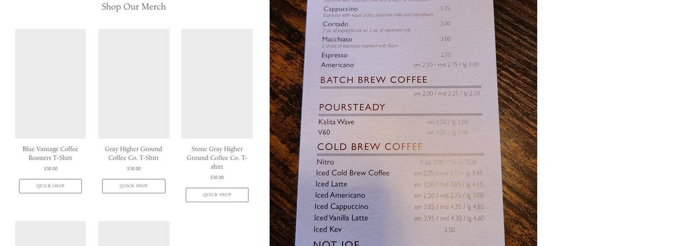 Vantage Coffee Roasters Menu