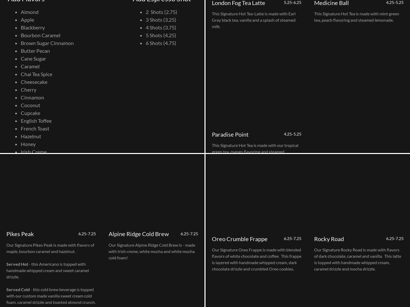 Coffee on the Rocks Menu