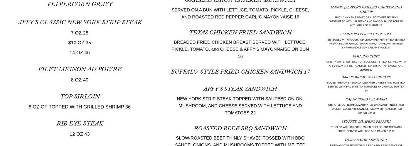 Affy's Grill Menu