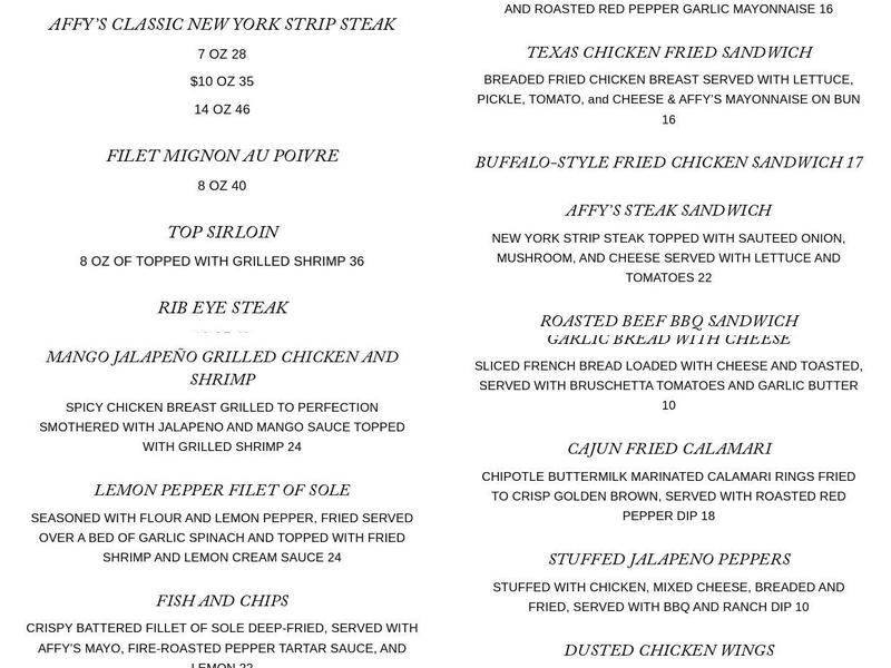 Affy's Grill Menu