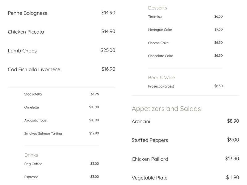 La Bottega Caffè Menu