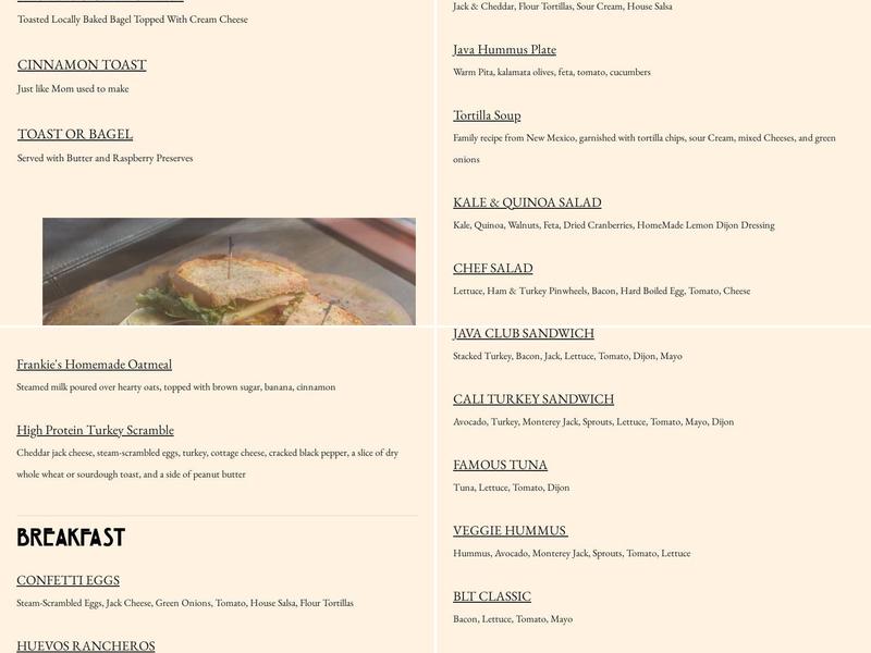 Java | Downtown Boise Menu