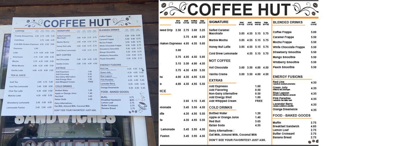 Coffee Hut Menu