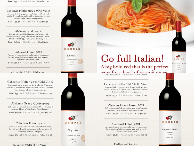 DeRose Winery San Martin Tasting Room Menu