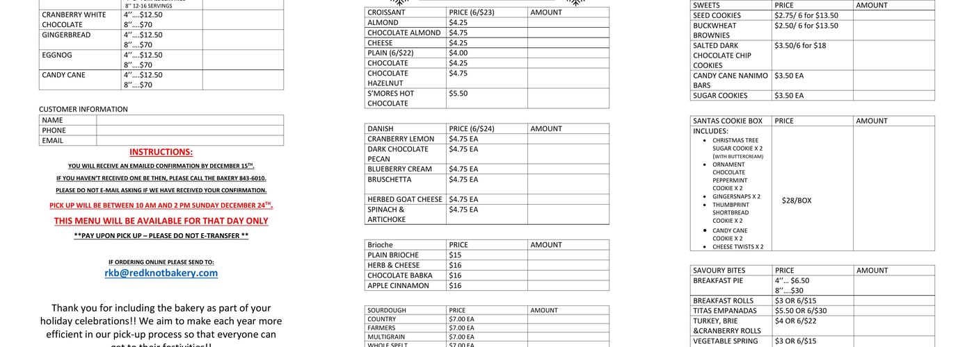 Red Knot Bakery Menu