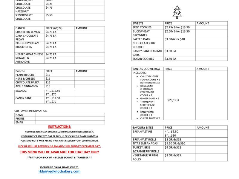 Red Knot Bakery Menu