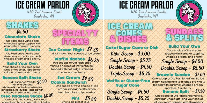 Crossroads Ice Cream Parlor Menu
