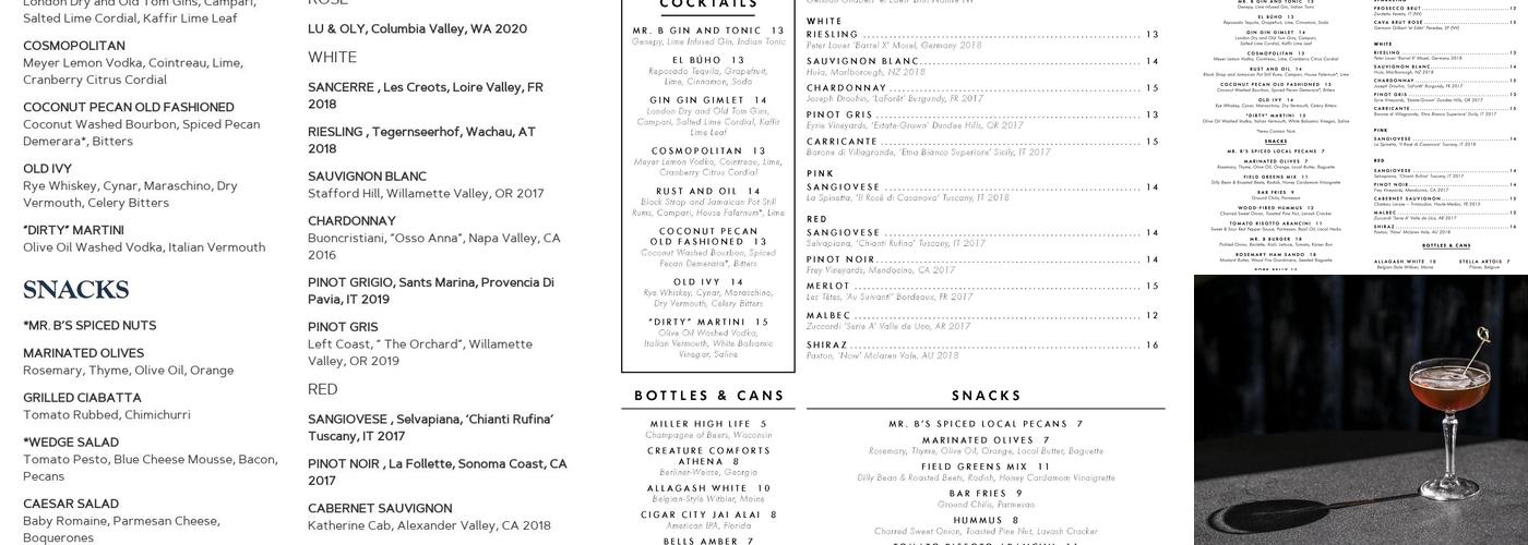Mr. B. Bar at The Burgess Hotel Menu
