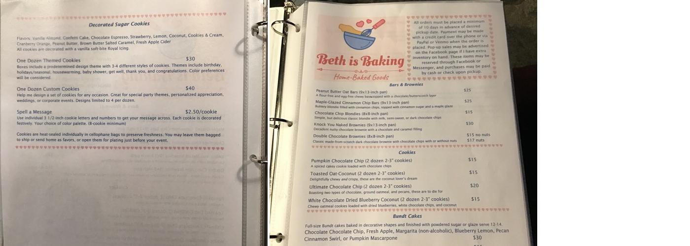 Beth is Baking Menu