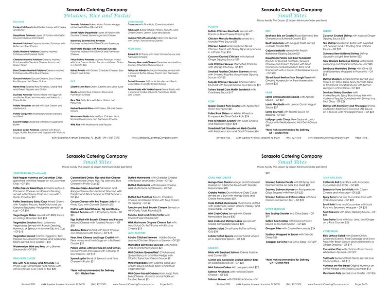 Sarasota Catering Company Menu
