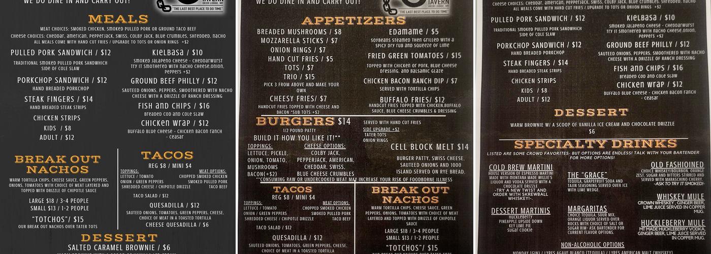 Cell Block Tavern Deer Lodge, MT Menu