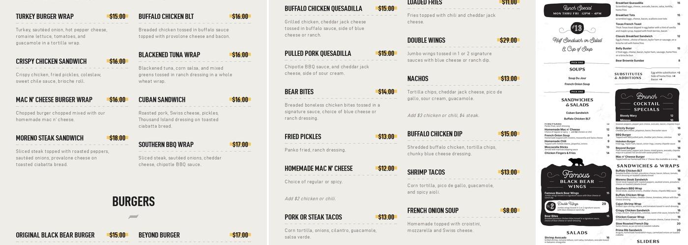 Black Bear Hoboken Bar & Grill Menu