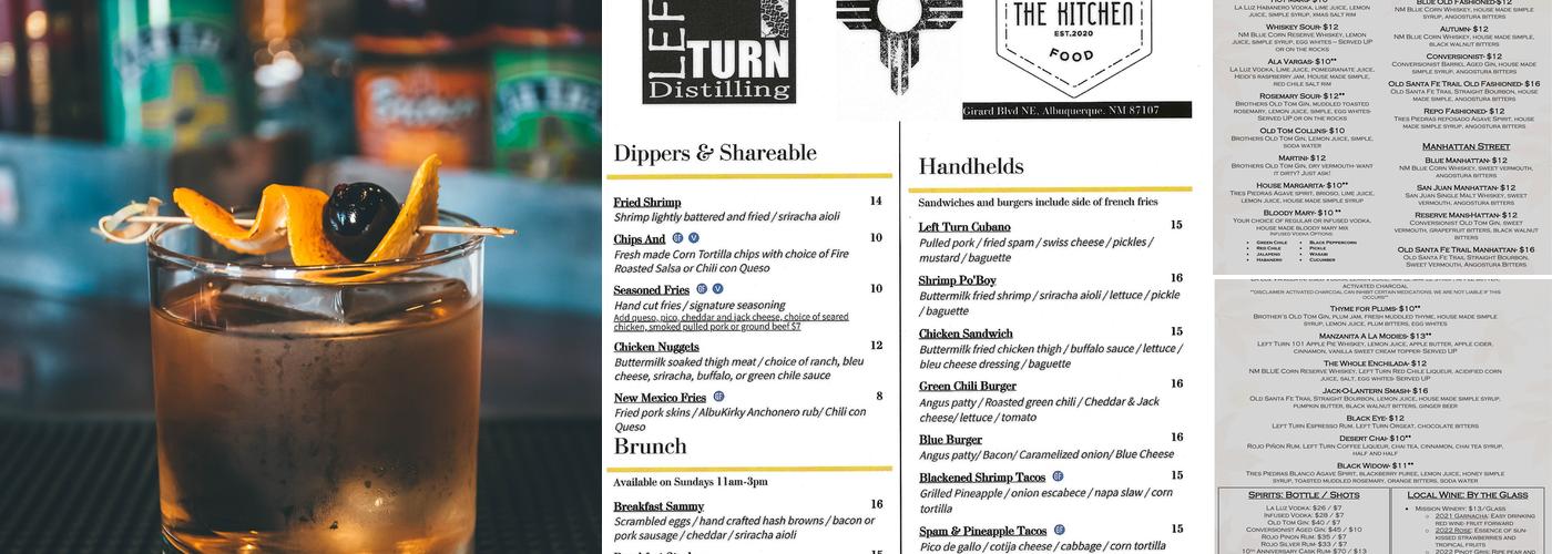 Left Turn Distilling, Craft Cocktails & Spirits. Menu