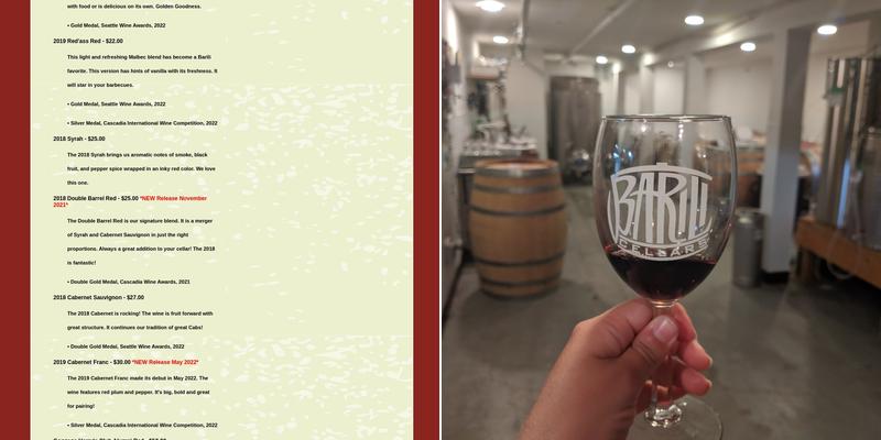 Barili Cellars Menu