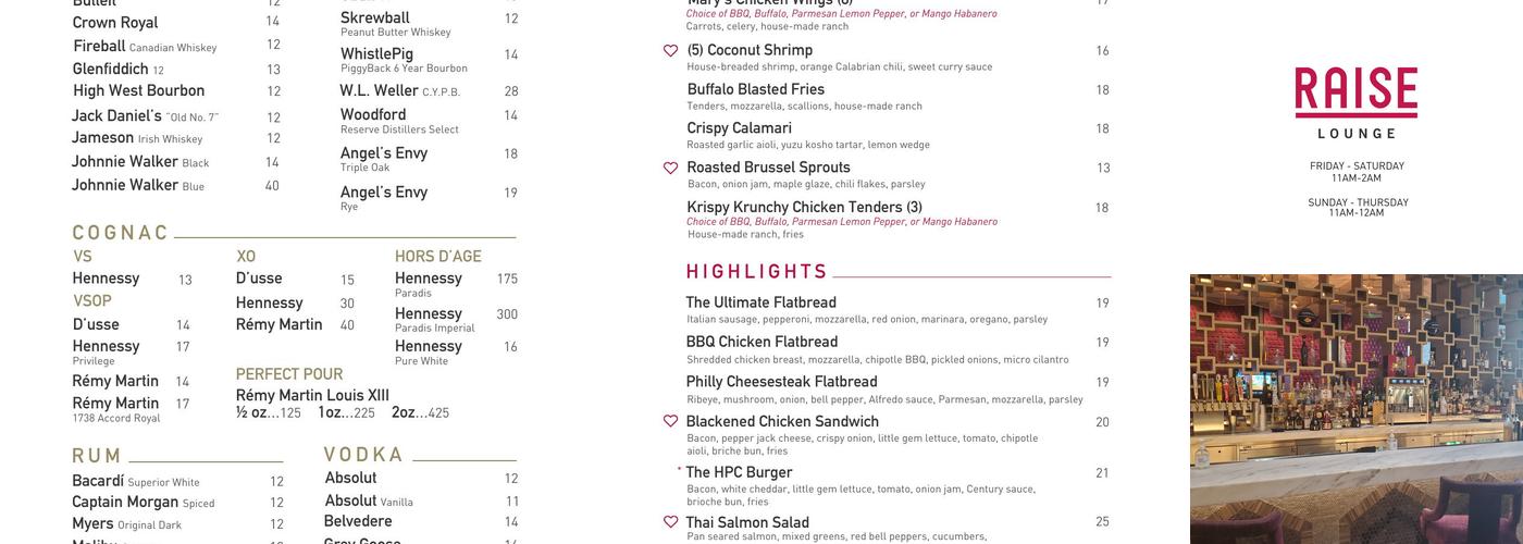 Raise Lounge Menu