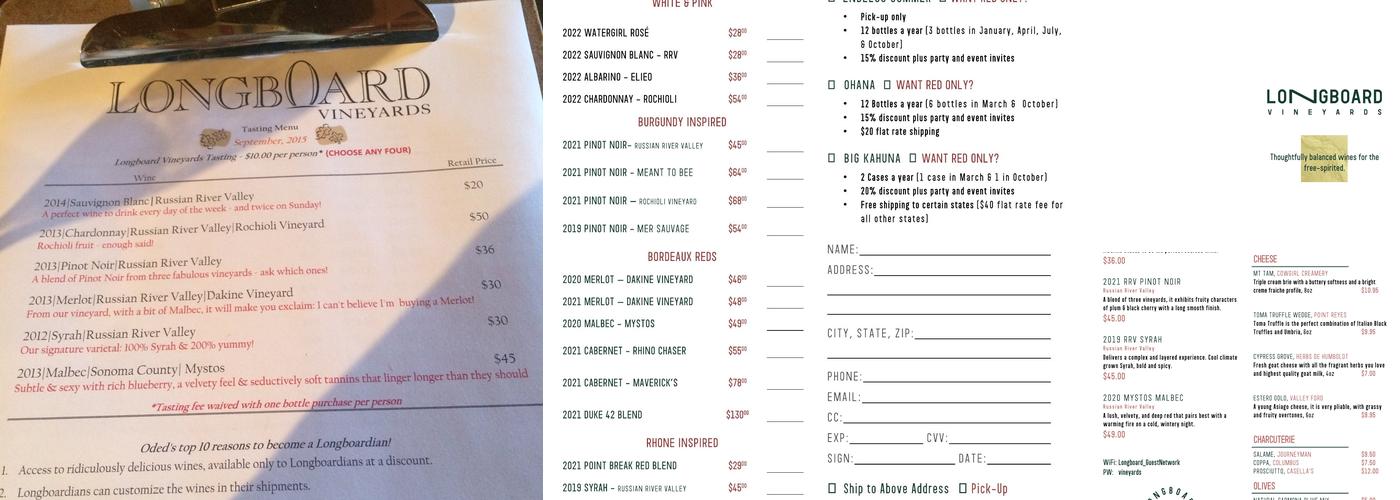 Longboard Vineyards Menu