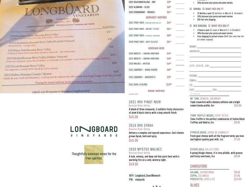 Longboard Vineyards Menu