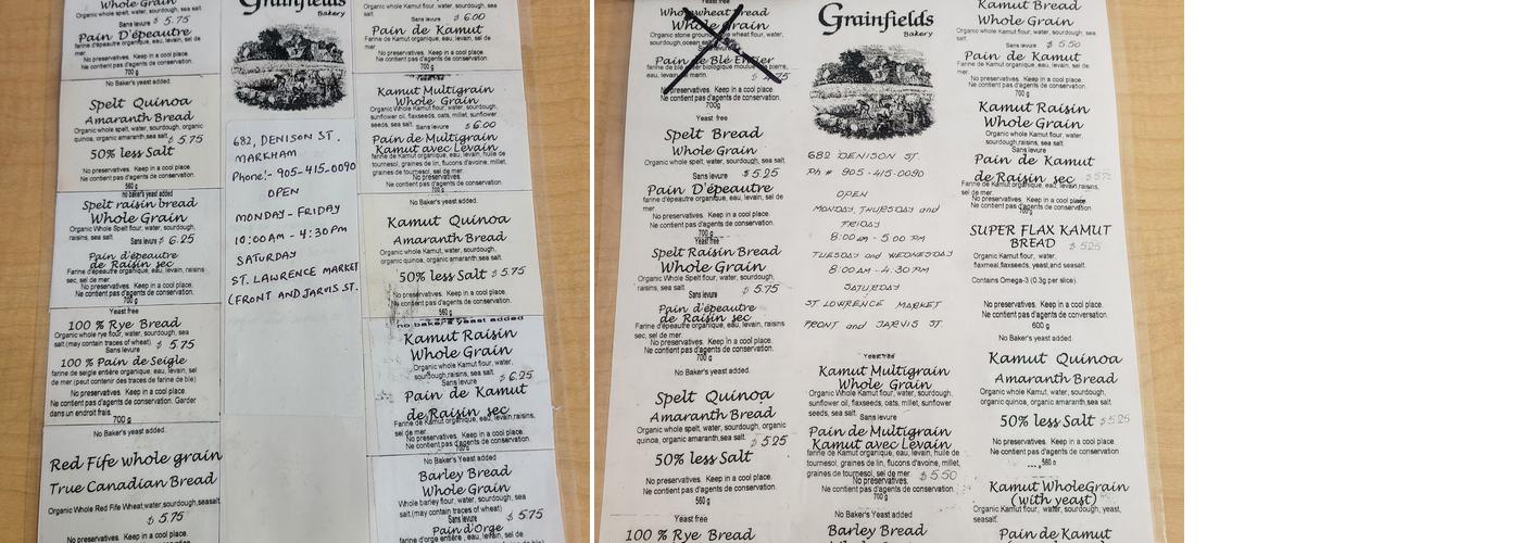 Grainfields Bakery Menu