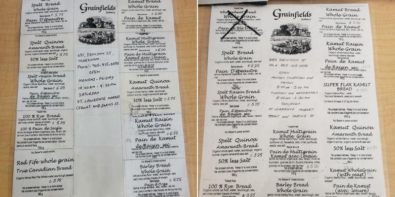Grainfields Bakery Menu