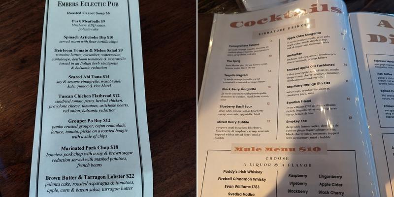 Embers Eclectic Pub Menu