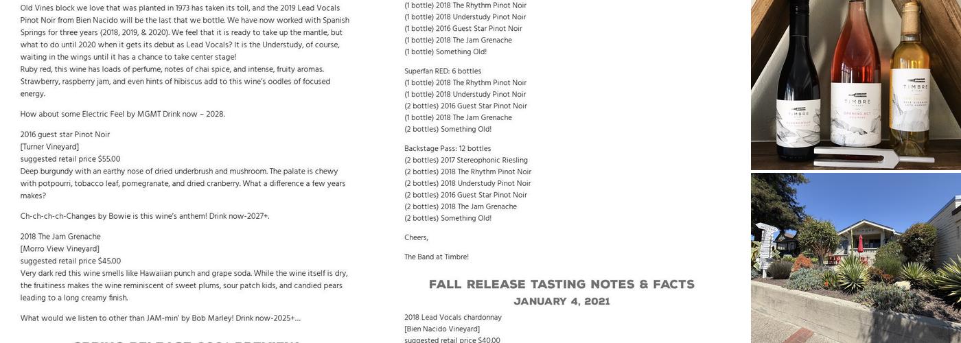 Timbre Winery Tasting Room Menu