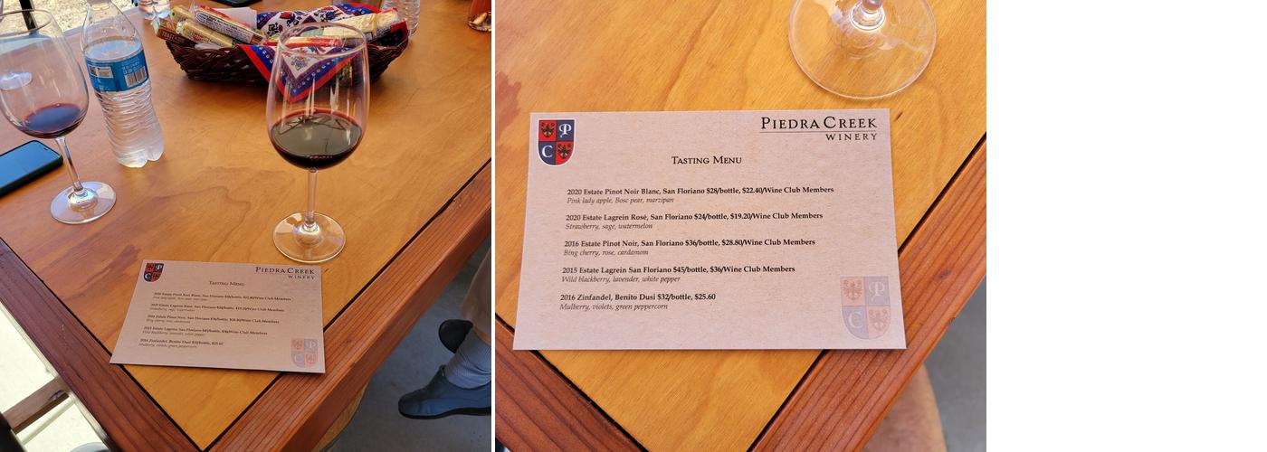 Piedra Creek Winery Menu