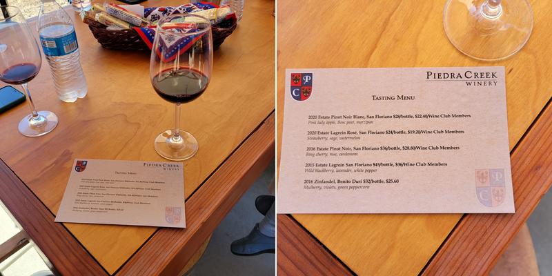 Piedra Creek Winery Menu