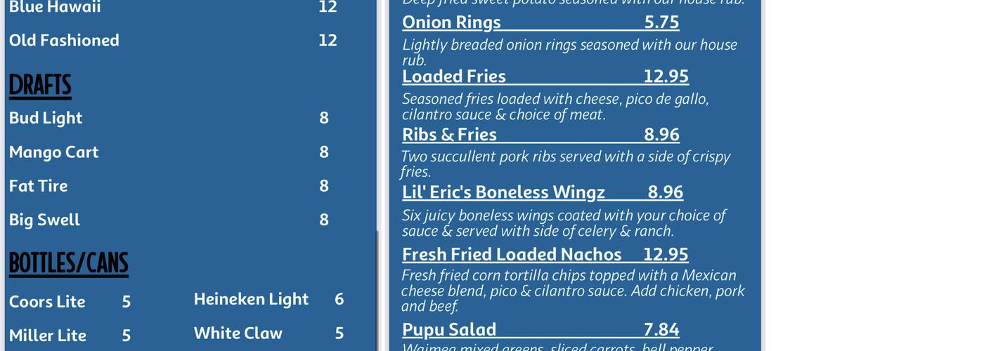 The Barrel Taps Waimea Menu