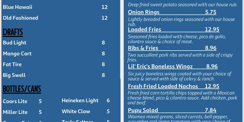 The Barrel Taps Waimea Menu