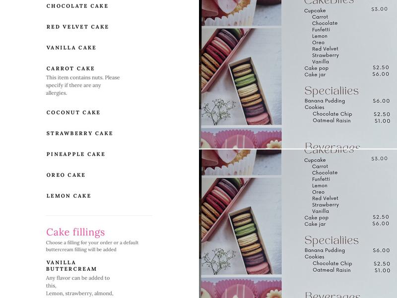 Ammie Cakes Bakery LLC Menu
