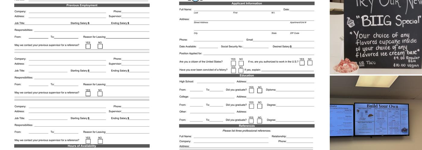 Sweet Dreams Tasty Treats Hand Rolled Ice Cream Menu