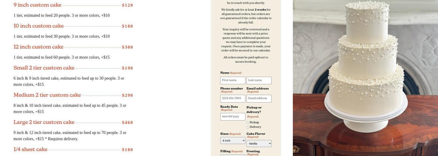 Custom Cake Studio Menu