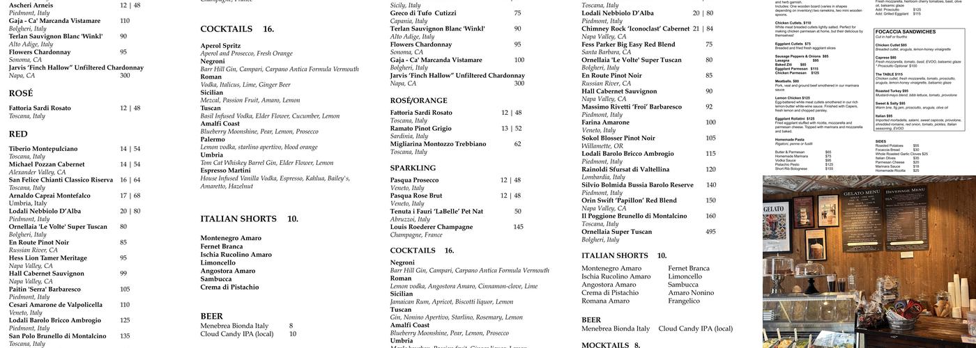 TABLE Caffé Menu