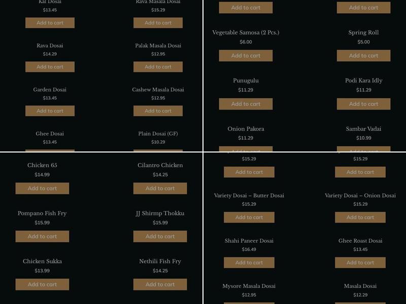 JJ Dosa (dosai) Indian Restaurant Menu