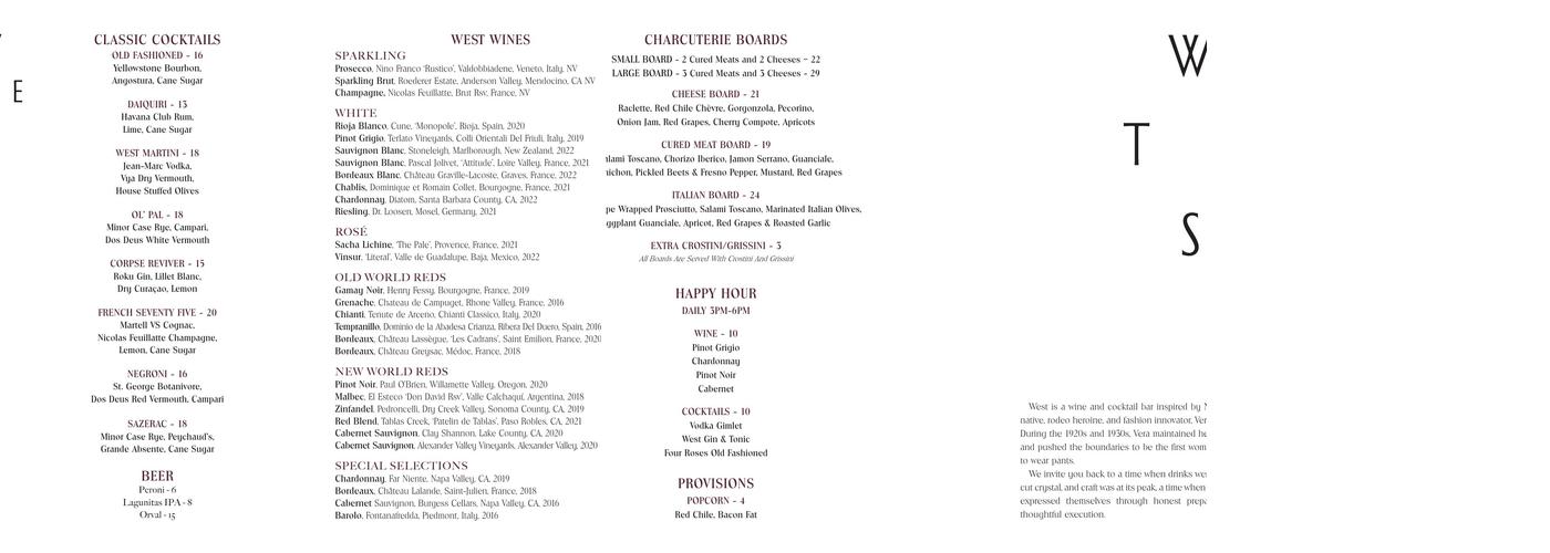 West Cocktail & Wine Bar Menu