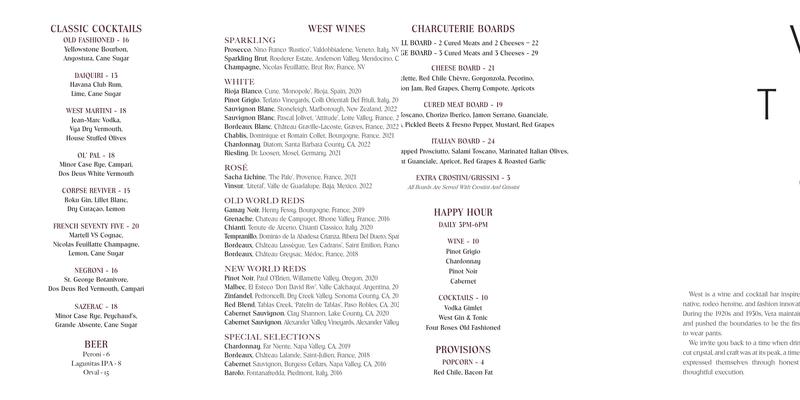 West Cocktail & Wine Bar Menu