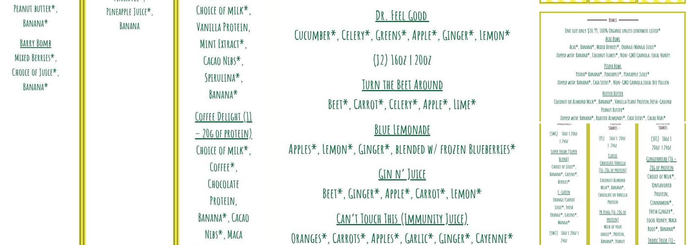 Nature's Nutrition Organic Juice Bar Menu