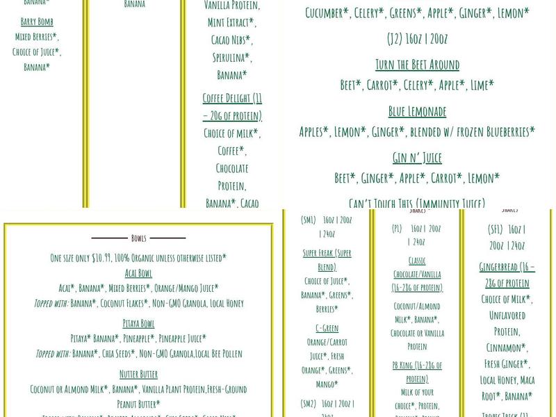 Nature's Nutrition Organic Juice Bar Menu
