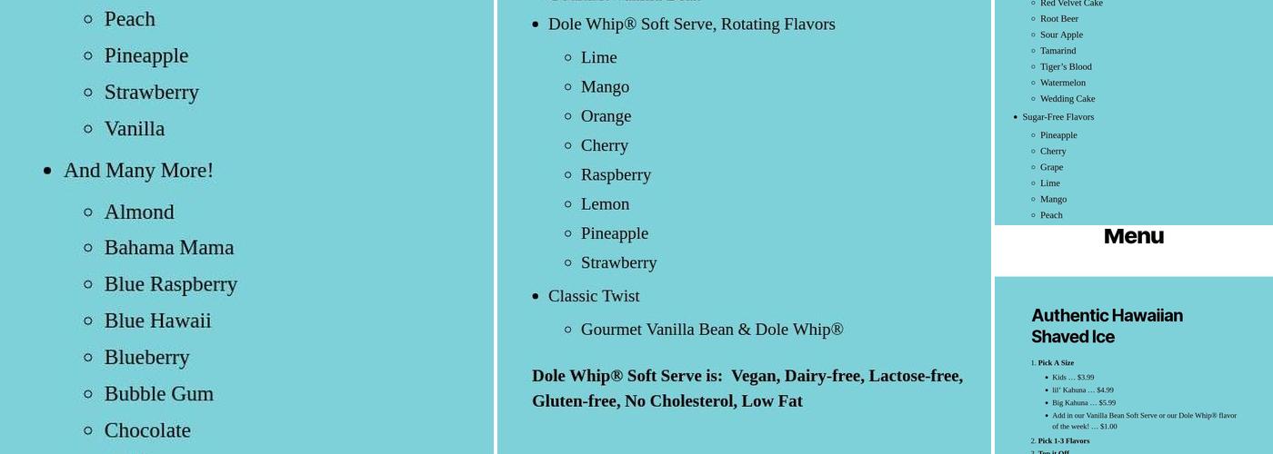 Hang 10 Hawaiian Ice & Cream Menu