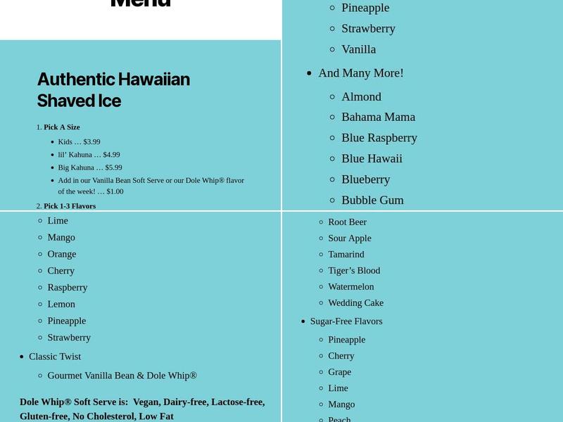 Hang 10 Hawaiian Ice & Cream Menu