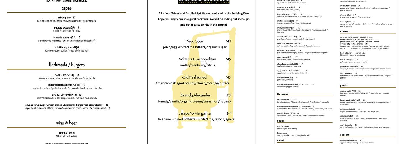 Costa Azul Winery Menu