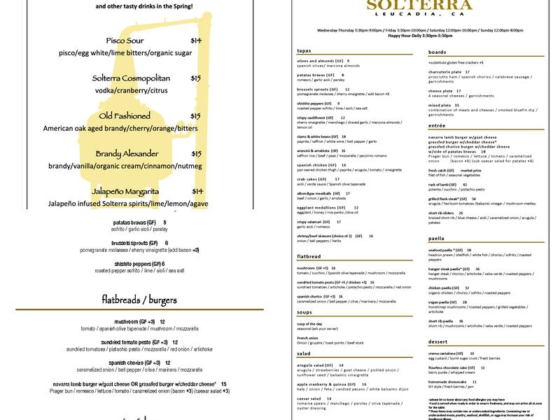 Costa Azul Winery Menu