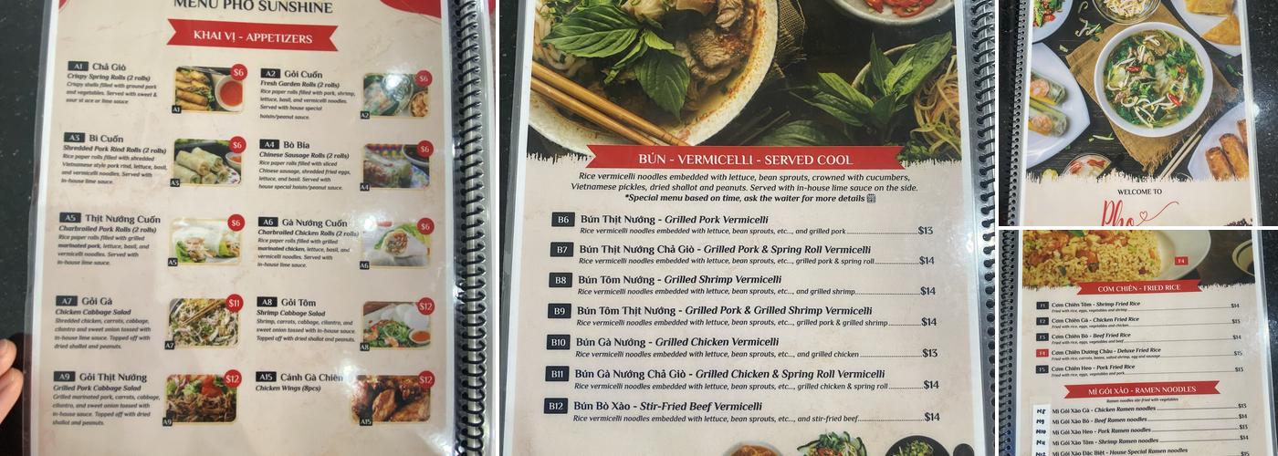 Pho Sunshine Menu