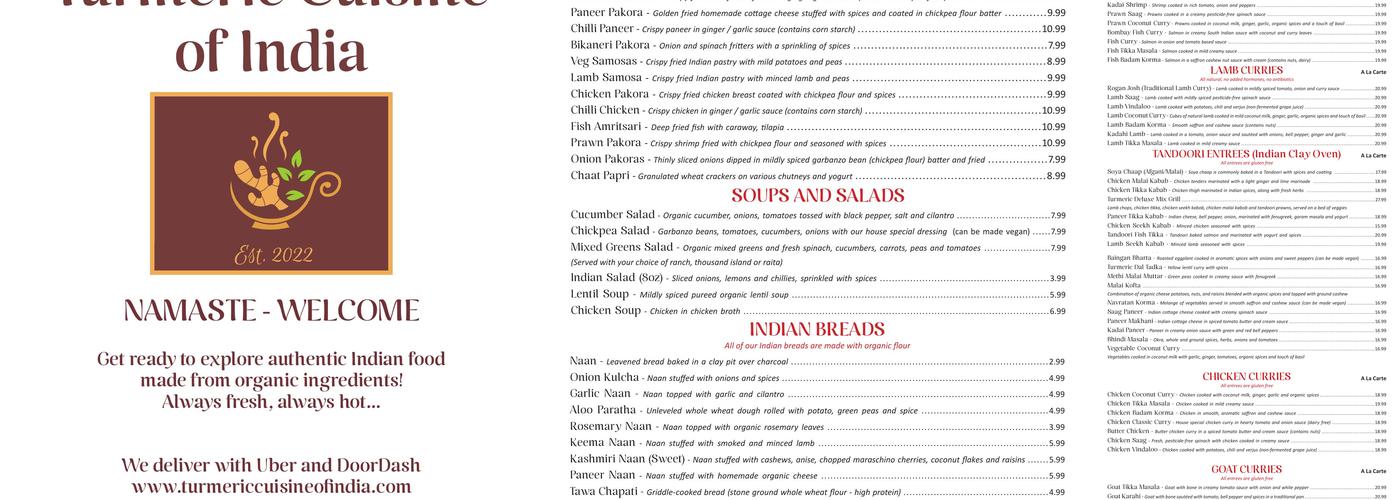 Turmeric cuisine of India Menu