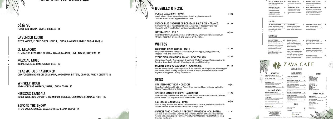 Zava Cafe Milton Menu