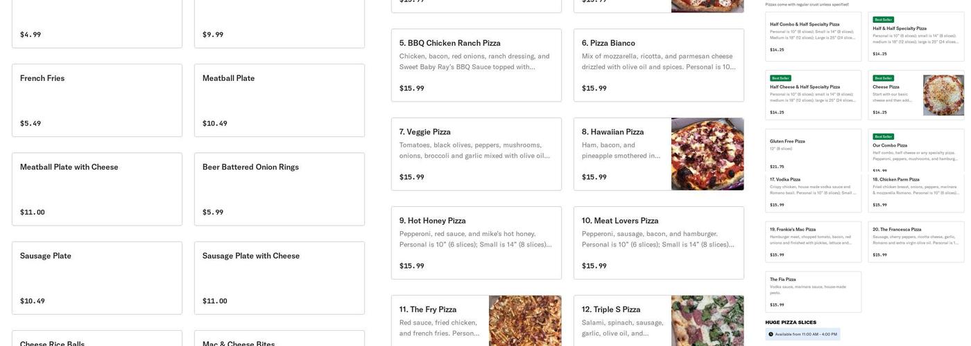 Frankie's pizza Menu