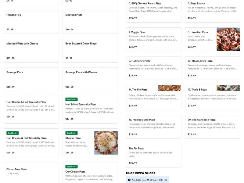 Frankie's pizza Menu
