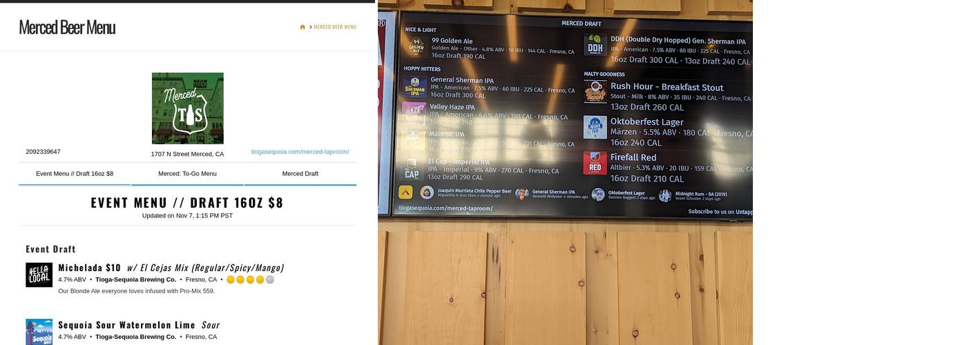 Tioga Sequoia Merced Taproom Menu