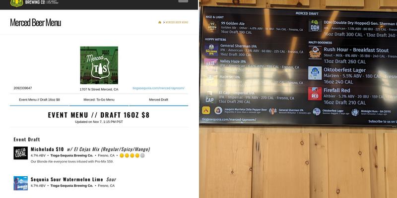 Tioga Sequoia Merced Taproom Menu