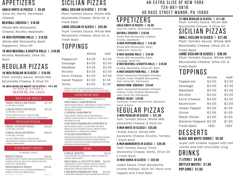 An Extra Slice Of New York Menu